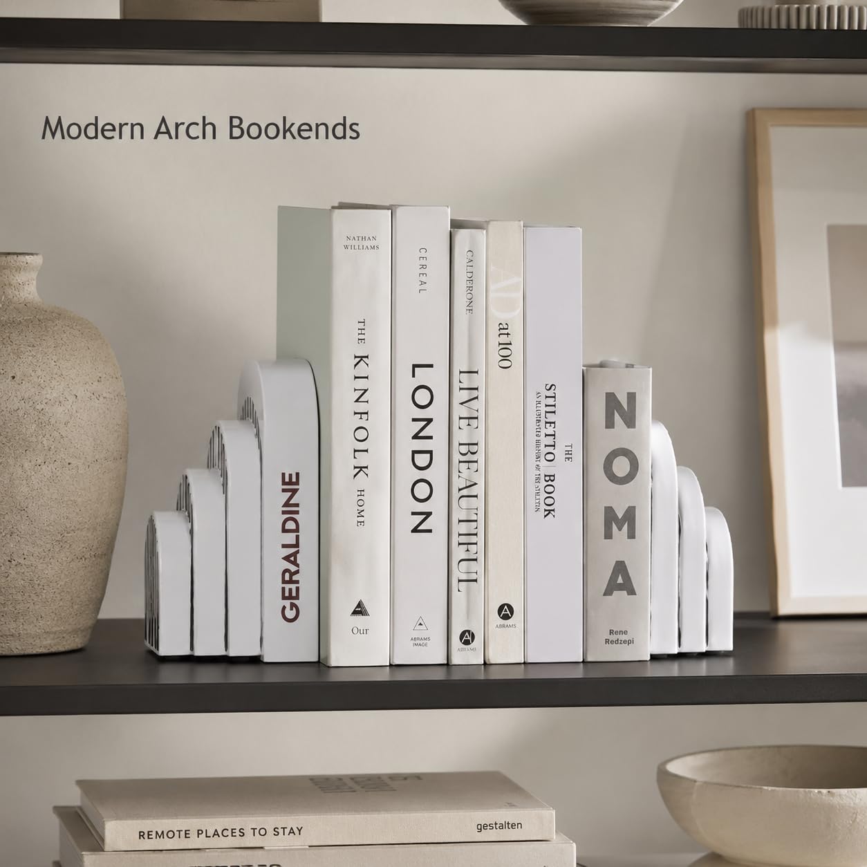 Fermalibri decorativi pesanti per mensole, fermalibri ad arco bianco e nero per libri, set moderno per scrivania da ufficio, libreria, decorazione per casa, biblioteca, soggiorno, (nero)