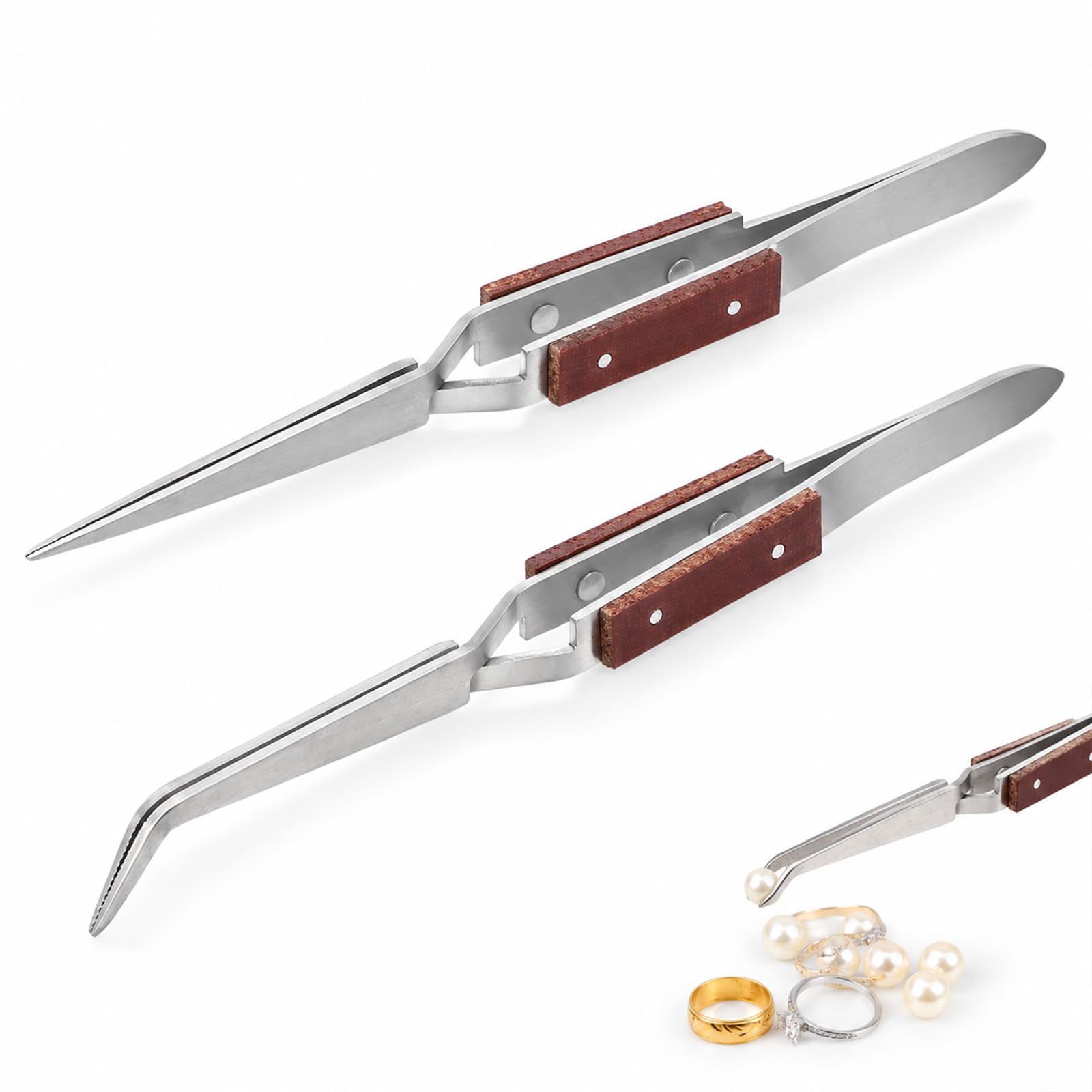 Solvind 2 Pack Cross Lock Soldering Tweezers, Stainless Steel with Wooden Handle, Straight & Curved Tip Self-Locking Tweezers for DIY Craft Jewelry Soldering Electronics Repair