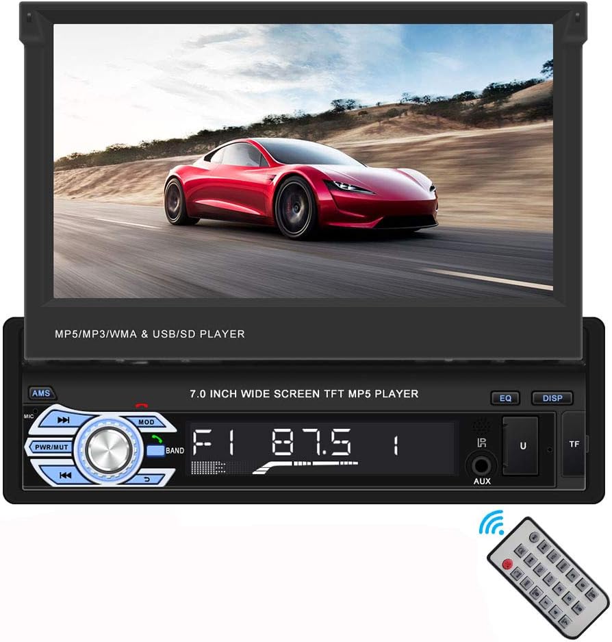 7 Inch Flip-Out HD TFT Touch Screen Manully Pop-Out Screen Single Din Car Stereo with Bluetooth AUX/USB/TF Car FM Radio Receiver MP3/MP4/MP5 Player Support Rear View Camera