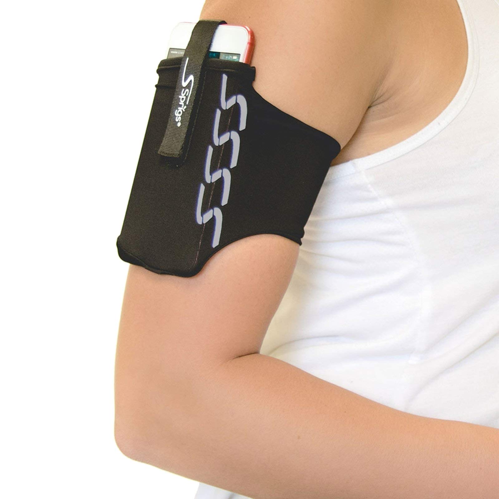 Sprigs Brassard pour iPhone 11/x/xr/8/7 Plus, Galaxy S10/S9, Google Pixel 4. Brassard de Course léger et Confortable, Extensible - Noir réfléchissant, très Grand