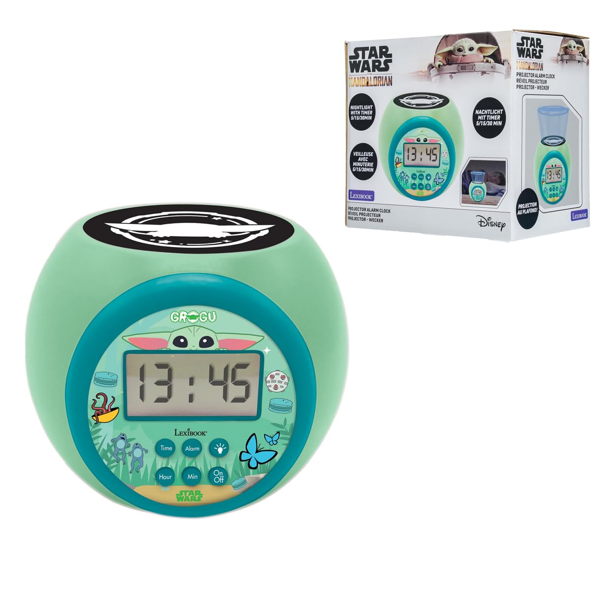 LEXIBOOK, Magnificent Star Wars Projector Alarm Clock with Night Light Timer, Multicolored Ceiling Projection, Backlit LCD Screen, Snooze Alarm, Battery Operated, Green, RL977SWLXB