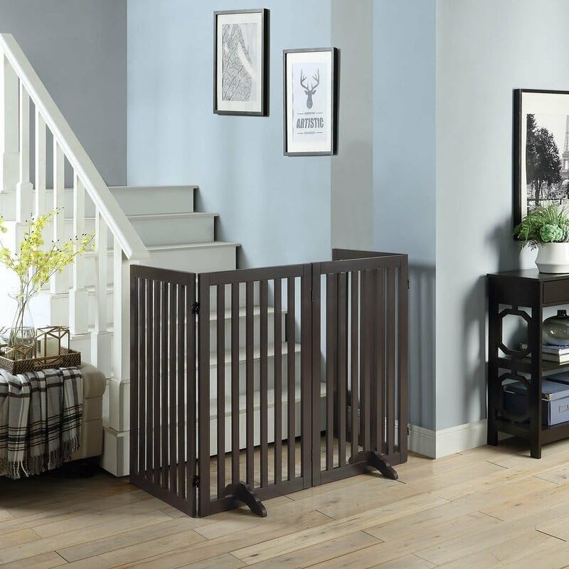 MENIFY | Wooden Freestanding Foldable Pet Gate for Dogs, Over Fence, Dog Partition for Your pet and Baby (4-Panel Brown32 Hight) 1