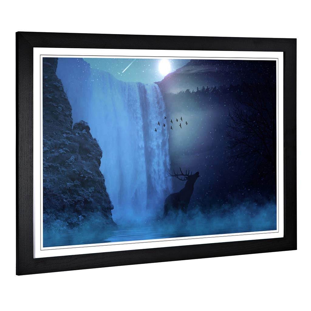 Big Box Art Framed Print of Hirsch Waterfall with Stag Landscape Design | Wall Art Picture | Home Decor for Kitchen, Living Room, Bedroom, Hallway, Black, A2 / 24.5x18 Inch / 62x45cm