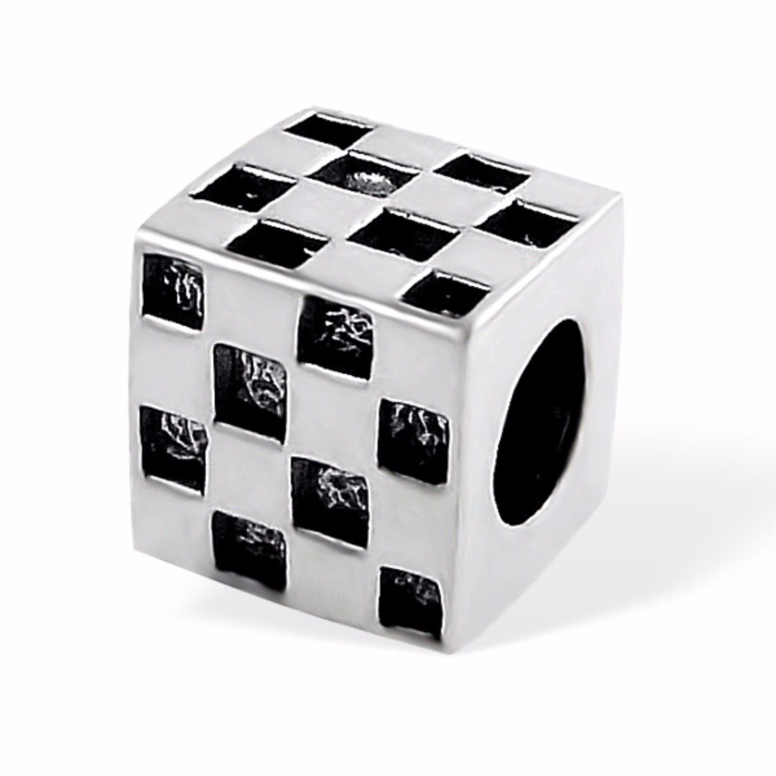 SilvadoreSilver Bead – Cube Black White Chequered Box Chess Board Dice Game - 925 Sterling Charm 3D Slide On 714 - Fits European Bracelet - Gift Boxed
