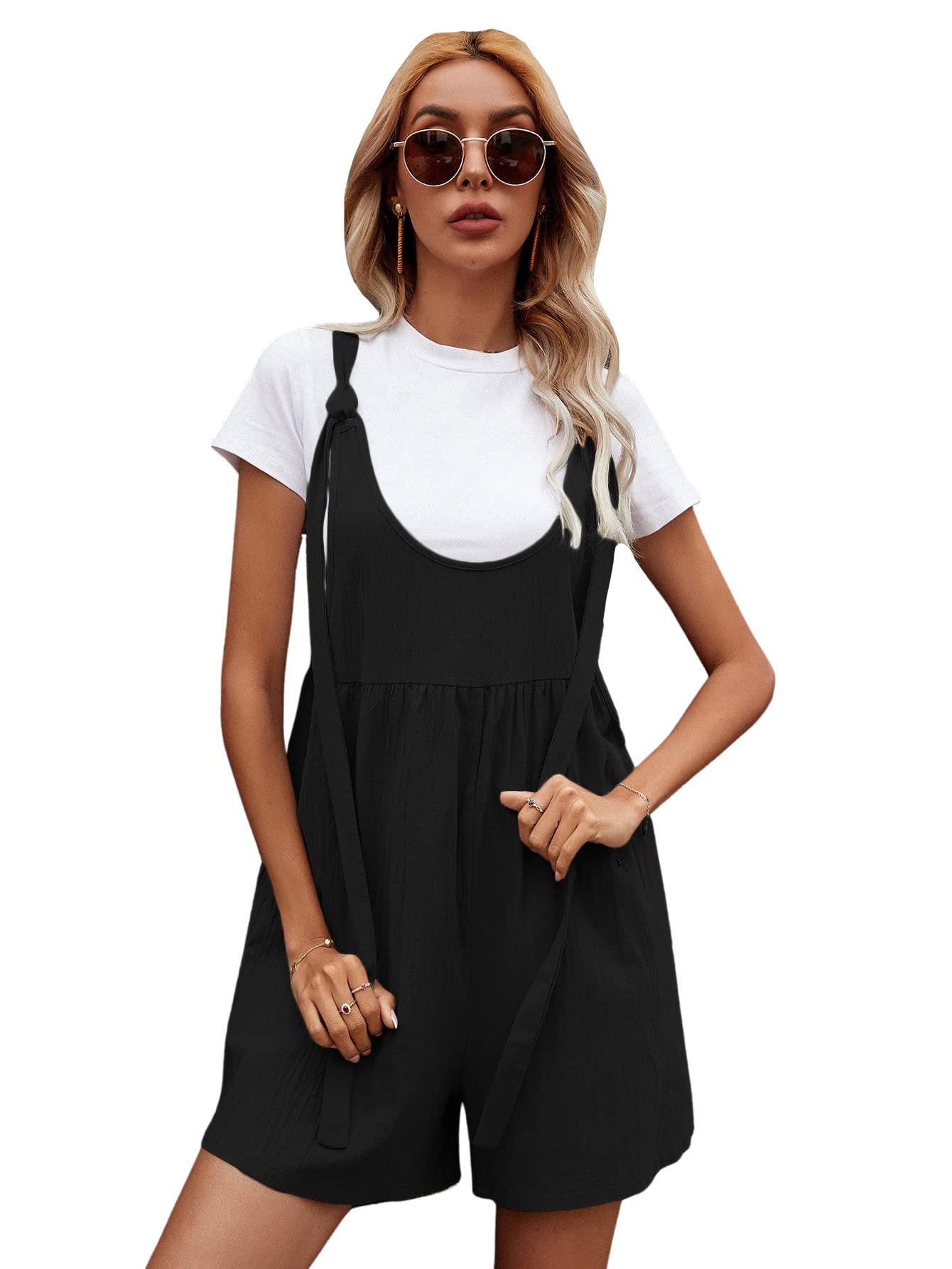 Women's Tie Shoulder Overall Shorts Scoop Neck Romper Jumpsuit with Pocket