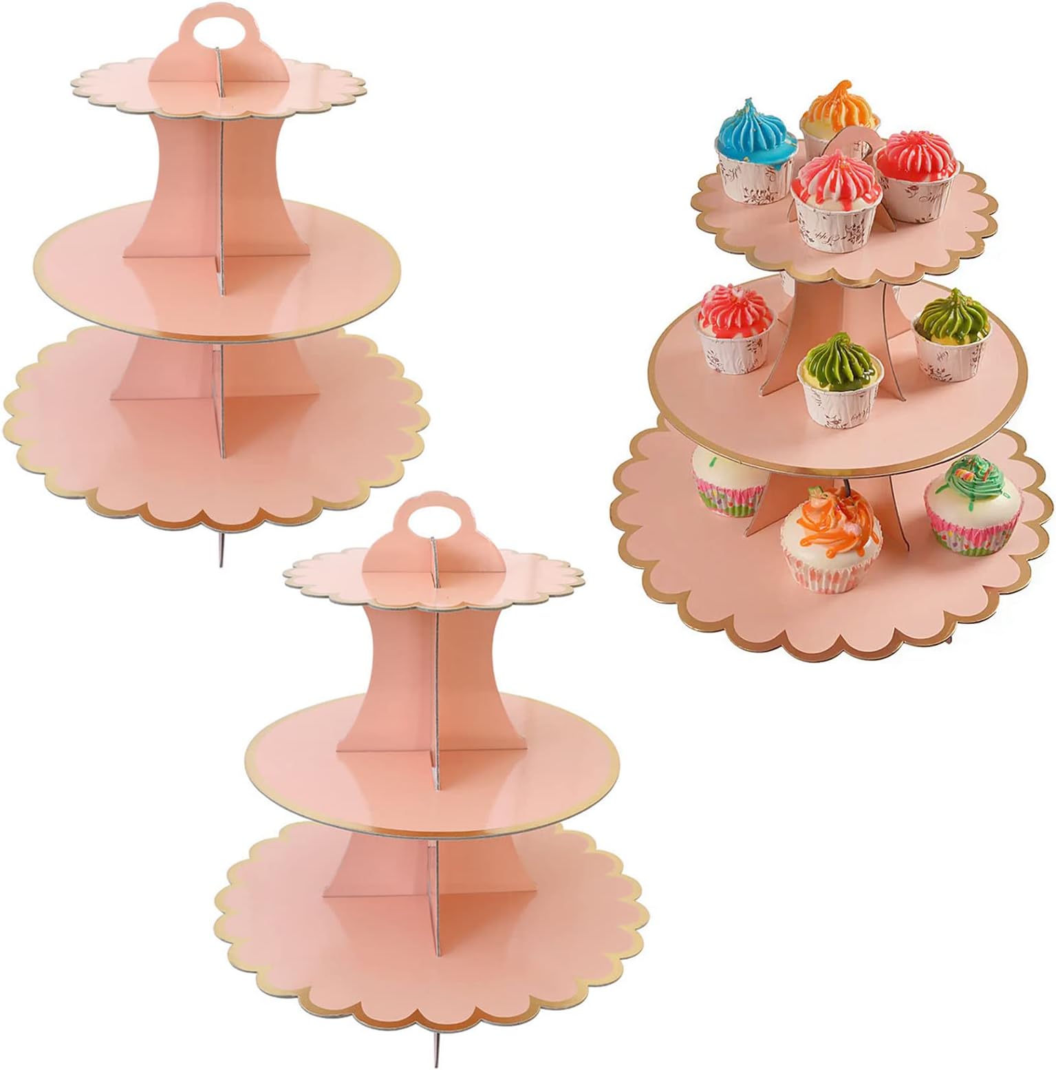 YankMooM 3 Pack Cardboard Cupcake Stand,3 Tier Cake Stand Dessert Tower Reusable Cardboard Cupcake Dessert Holder for Wedding Birthday Party Baby Shower Afternoon Tea (Pink)