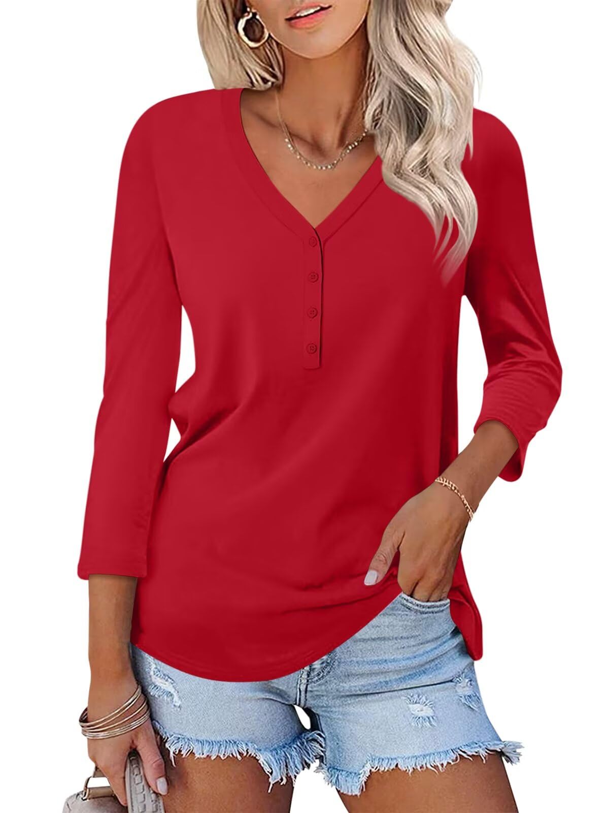 Minetom Women's V Neck 3/4 Sleeve Tops Casual Shirts Basic Summer Tees