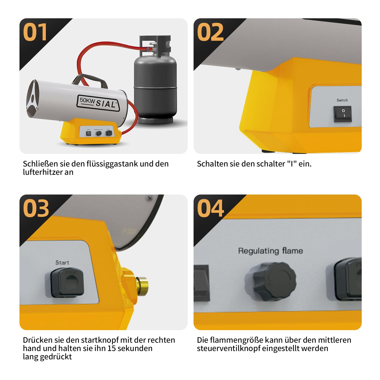 SIAL Calentador de Soplado de Gas Pistola Térmica de Gas Calentador Radiante de Gas Calentador de Radiación para Obra Soplador de Aire Caliente Interruptor Mecánico Encendido Piezo, Amarillo, 33KW