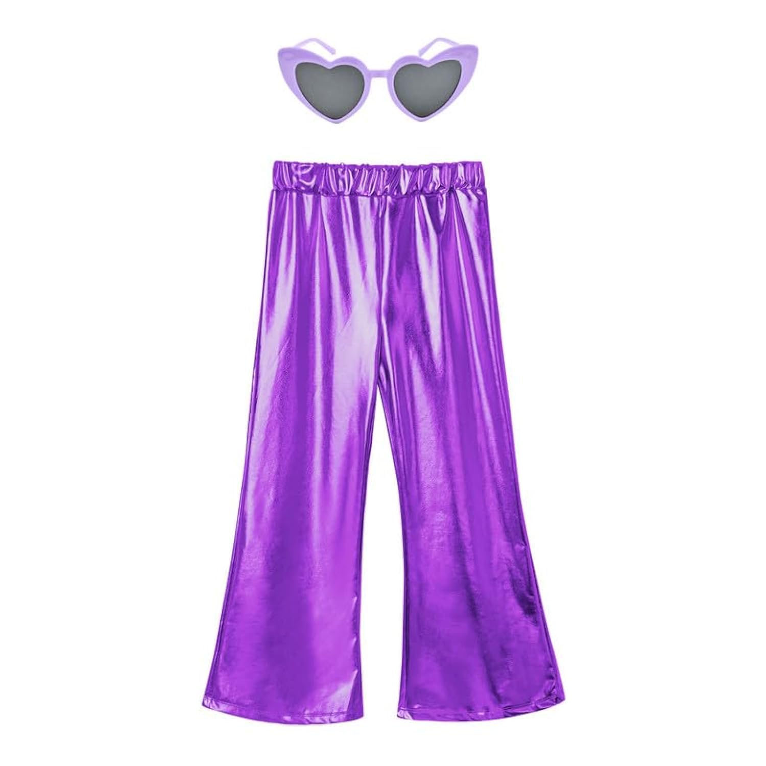 Perfashion Girls' Shiny Metallic Flared Pants Festival Dance Pants Disco with Sunglasses Wide Leg Trousers 6-15 Years