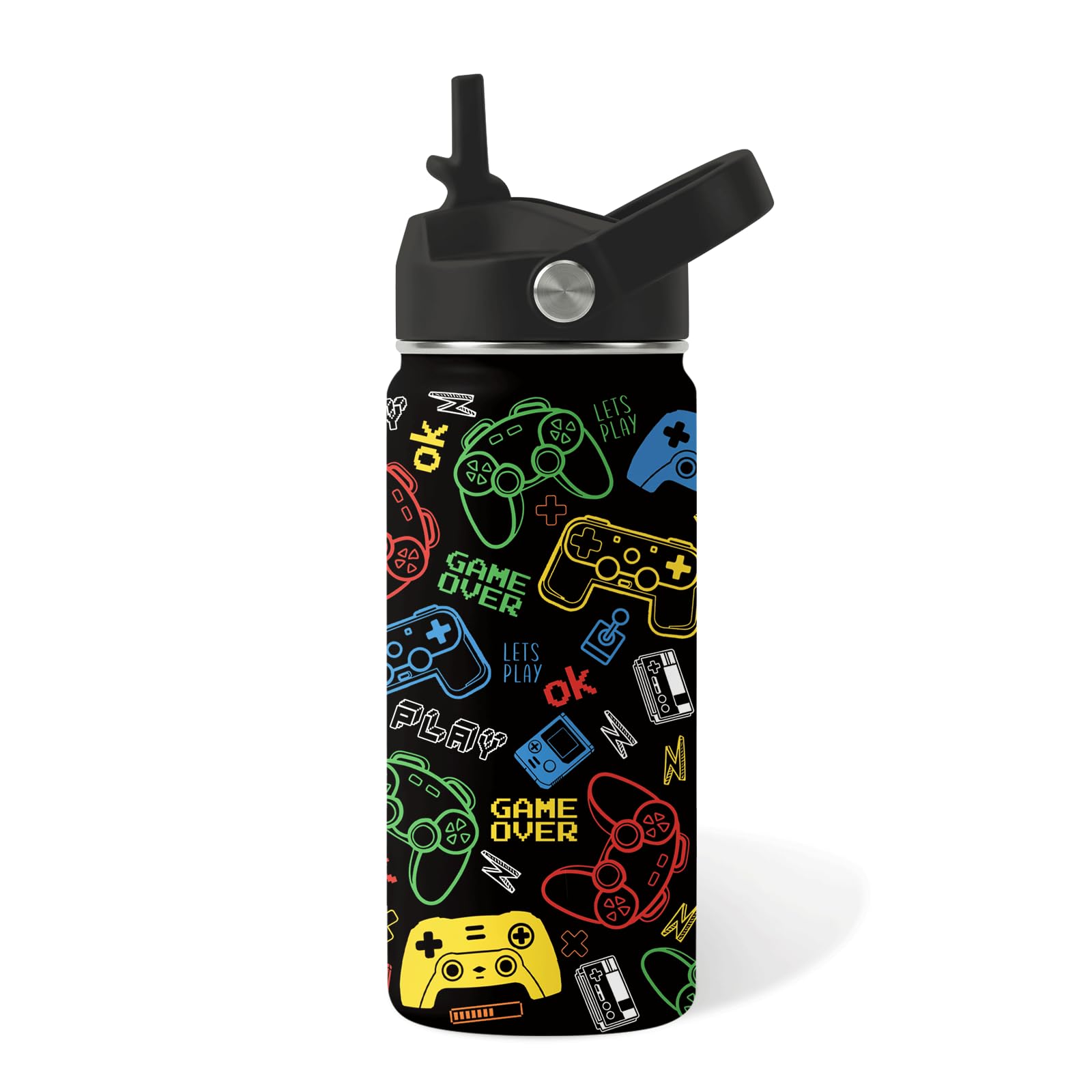 Game Gifts for Boys Girls, 16oz Water Bottle with Straw Lid, Gamer Insulated Bottle for Kids, Leak-proof, BPA-Free, Stainless Steel Water Bottles for