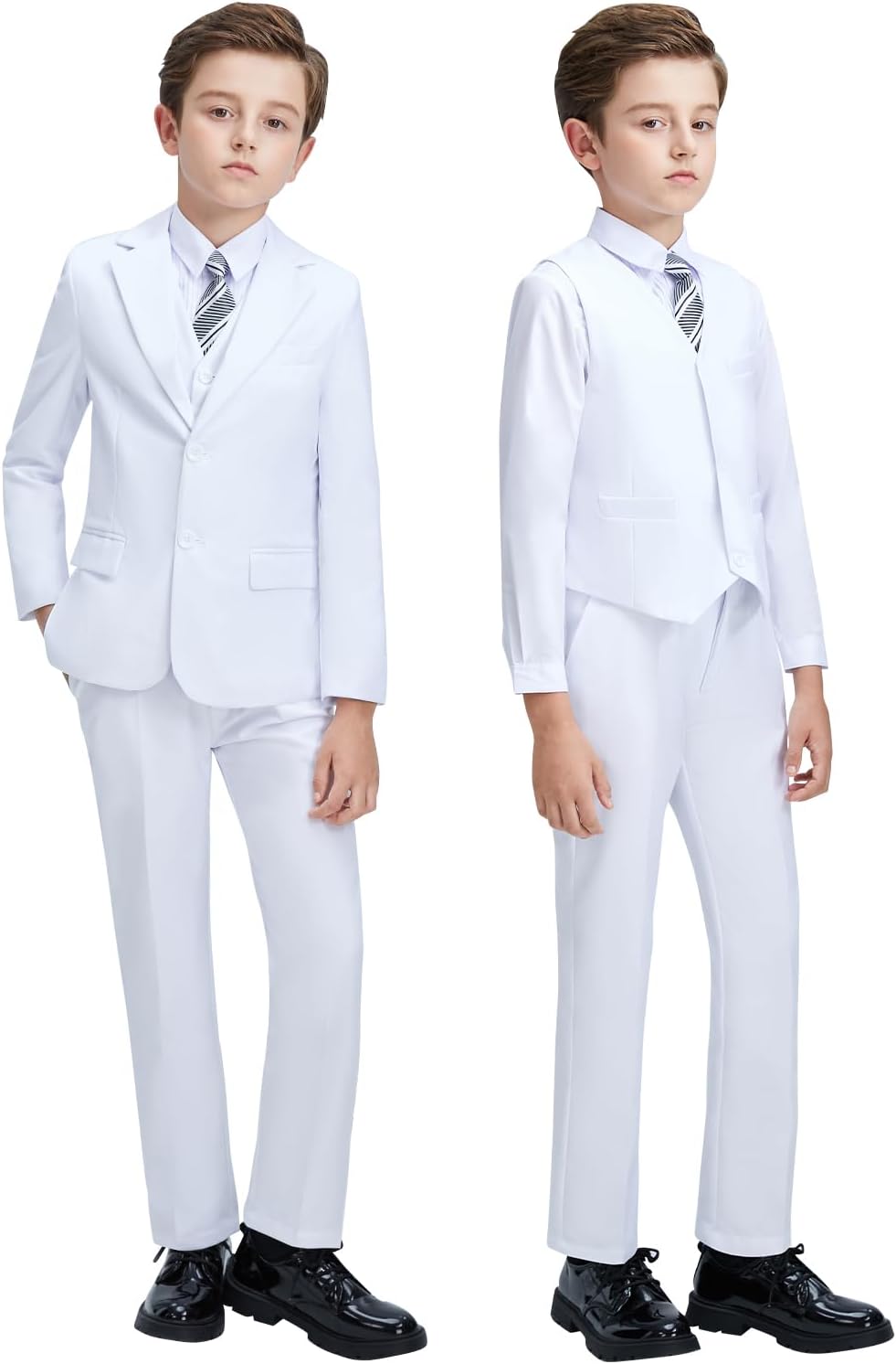 Boys' 5 Piece Formal Suit Set with Suit Jacket, Vest, Pants, Collared Dress Shirt, and Tie