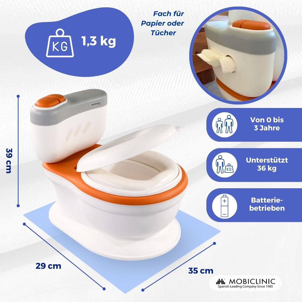 Mobiclinic®, Kinder Töpfchen, Kleinkind, Alter 1-3 jahre, Deckel, Toilettenpapierfach, Batteriebetrieben, Abnehmbare Schüssel, Wasserdichter Sitz, Toikid