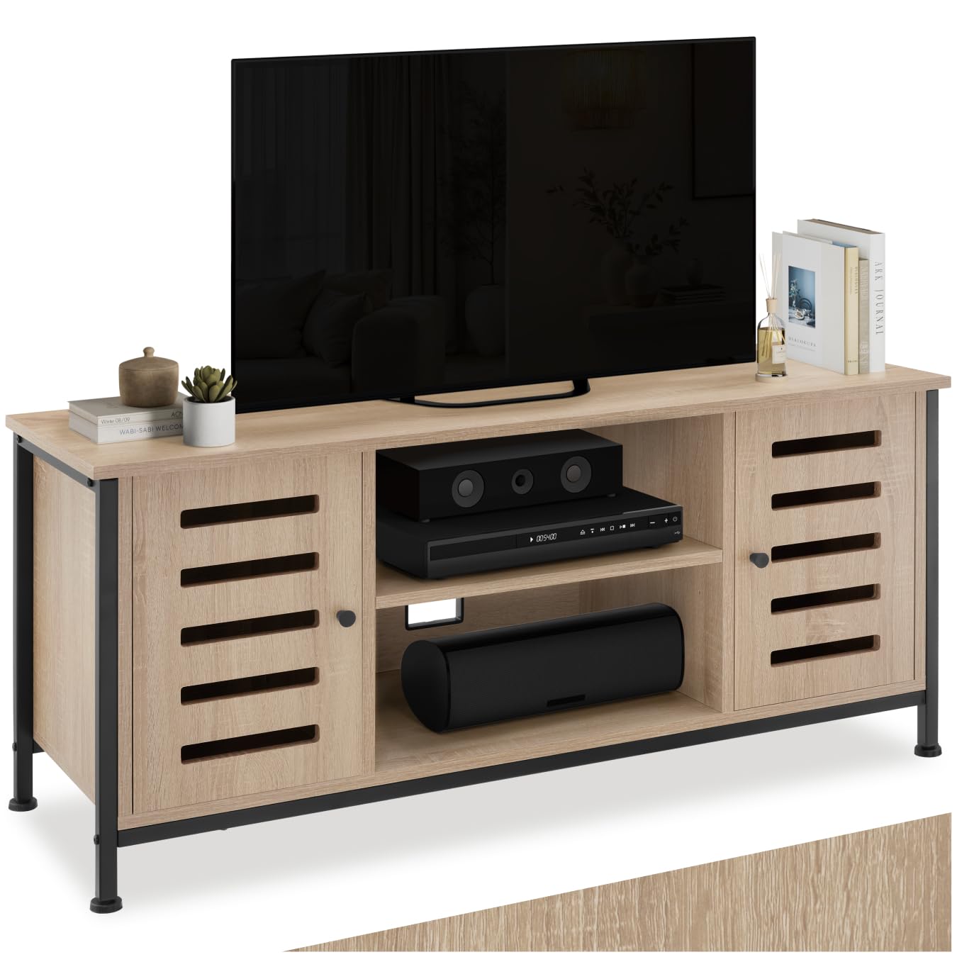 scaffale TV moderno con 4 compartimenti e porte magnetiche