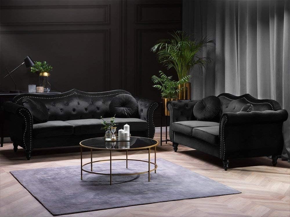 Sky Rise Decor Modern Classic Sofa Couch Fabric & Valvet Tufted Chesterfield Sofa Living Room and Office (Black (3+2))