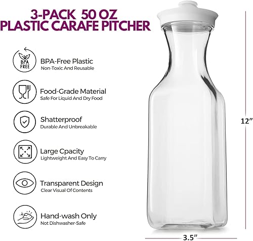 Miniatura 2 de DilaBee Jarra de agua de plástico con tapa, jarra cuadrada para bebidas, leche, batidos, té helado, suministros de barra de mimosa, sin BPA, no apta