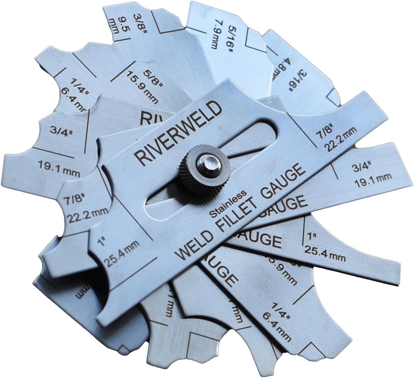 RIVERWELD 7piece Fillet Weld Set Gage Rl Gauge Depth Gauges Welding Inspection Test Ulnar Metric & Inch MG-11 With Markings on Both Sides Checking Fillet Leg and Throat Size