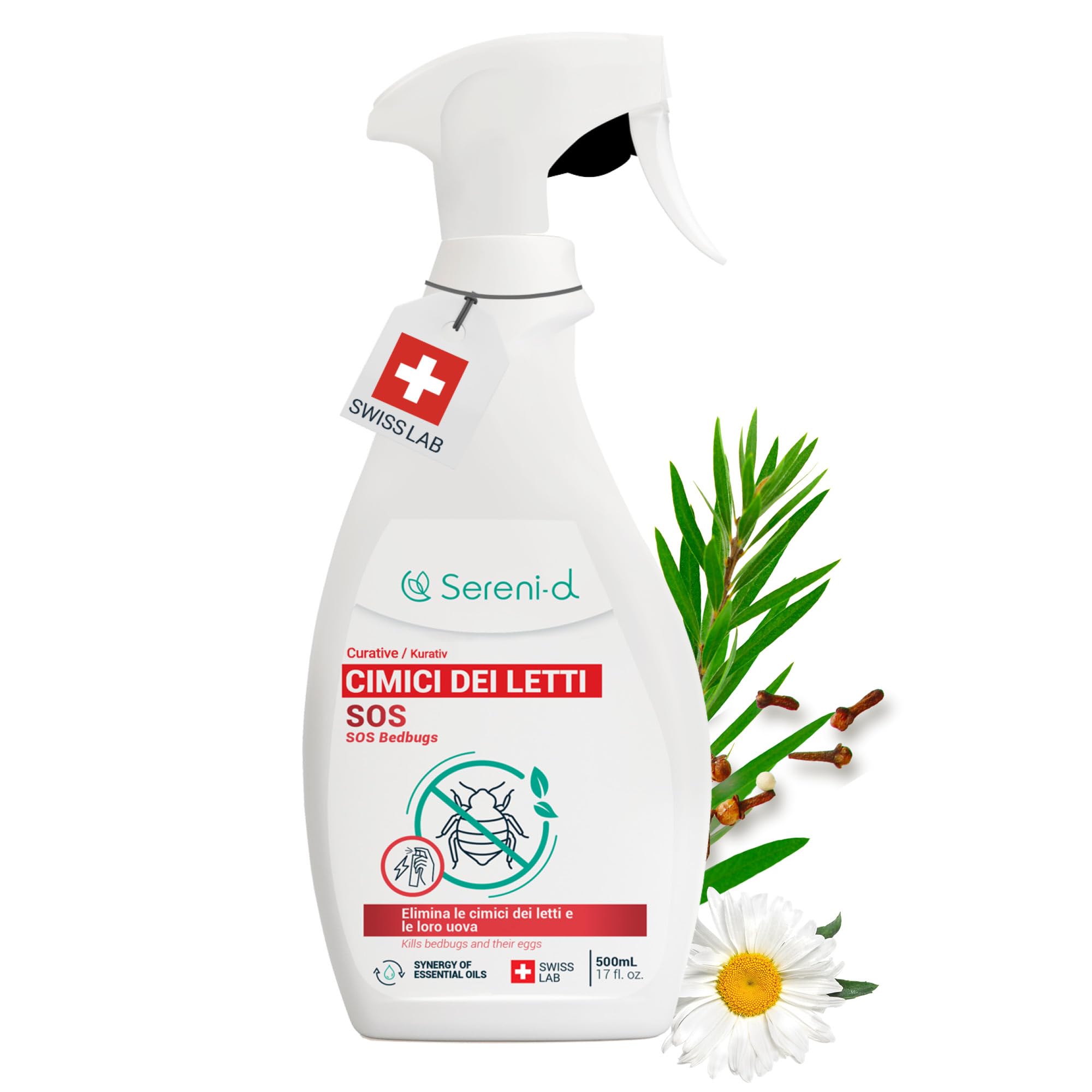 SOS ANTI CIMICI DA LETTO XXL - Spray Insetticida CHOC Trattamento naturale con Oli Essenziali e Fiore di Piretro Vegetale - Disinfestazione facile e rapida delle cimici da letto - 500 mL - Swiss Lab