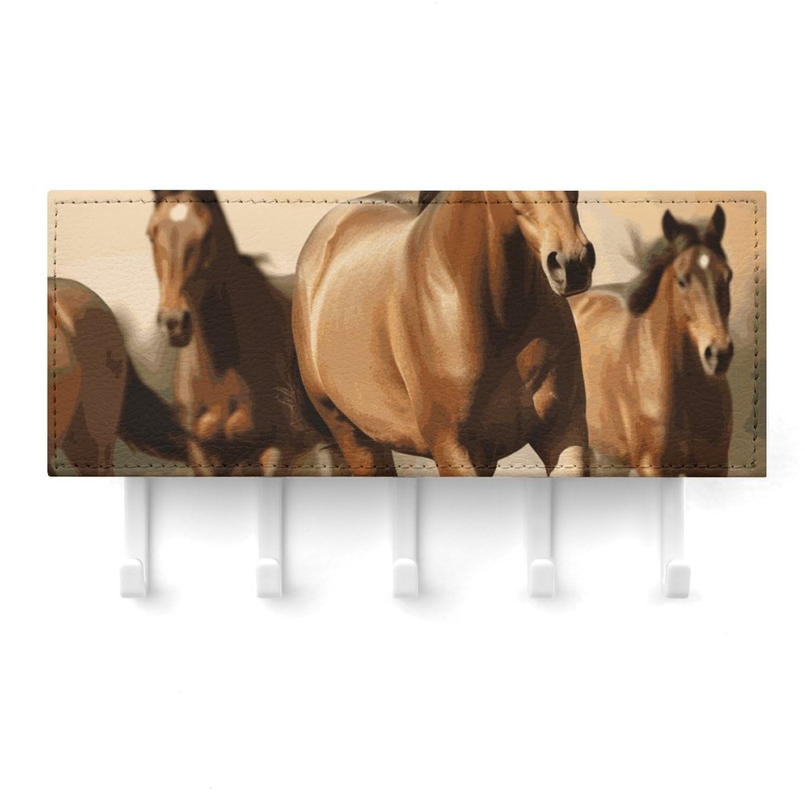 Fekiloot White Horses Key Holder For Wall Adhesive, No Drilling, Key Hooks With 5 Hooks Wall Mounted, Self Adhesive Keys Rack For Entryway, Hallway, Living Room, Kitchen, Office
