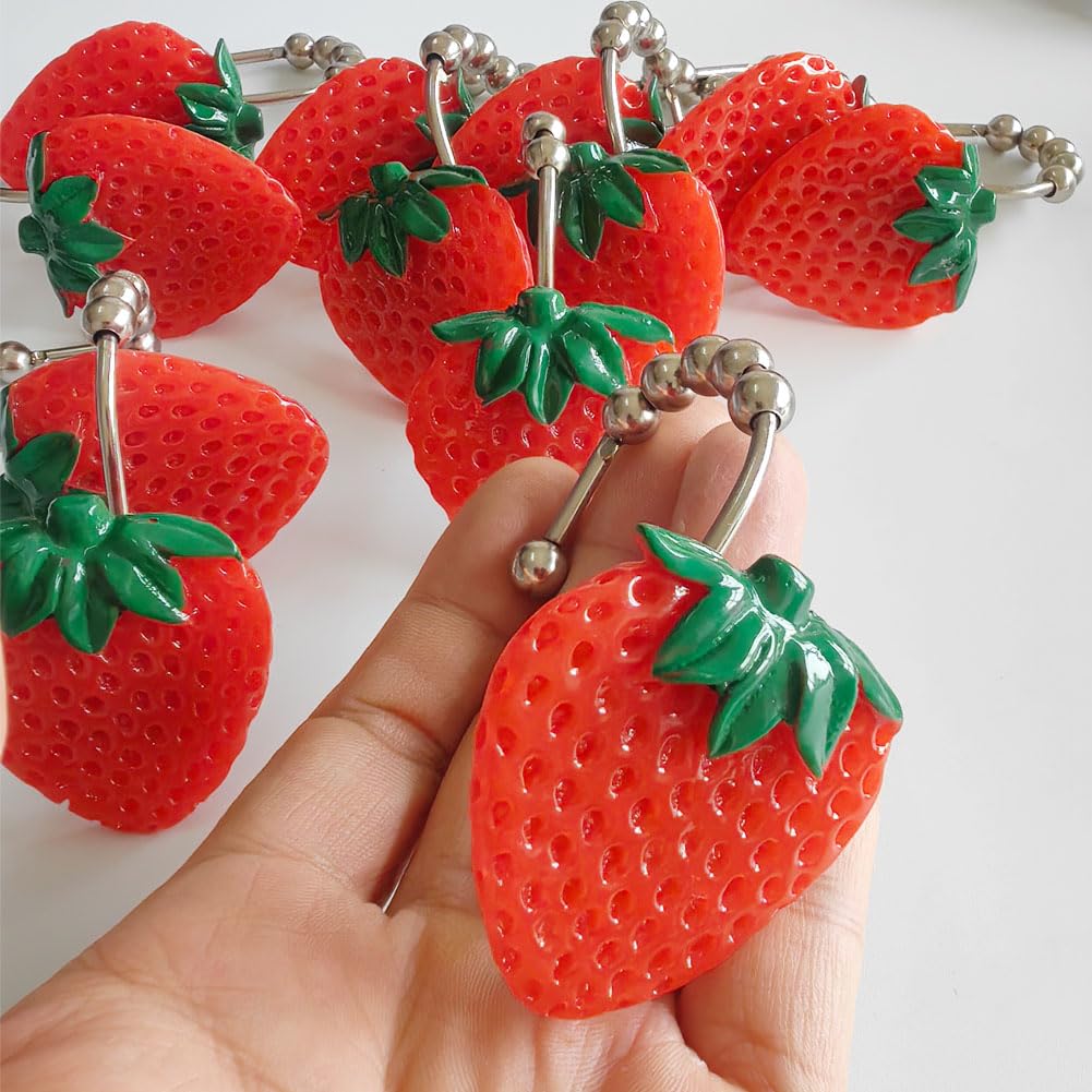 12 Gold Cherry Shower Curtain Hooks - Rustproof Metal With Cute Resin Decor