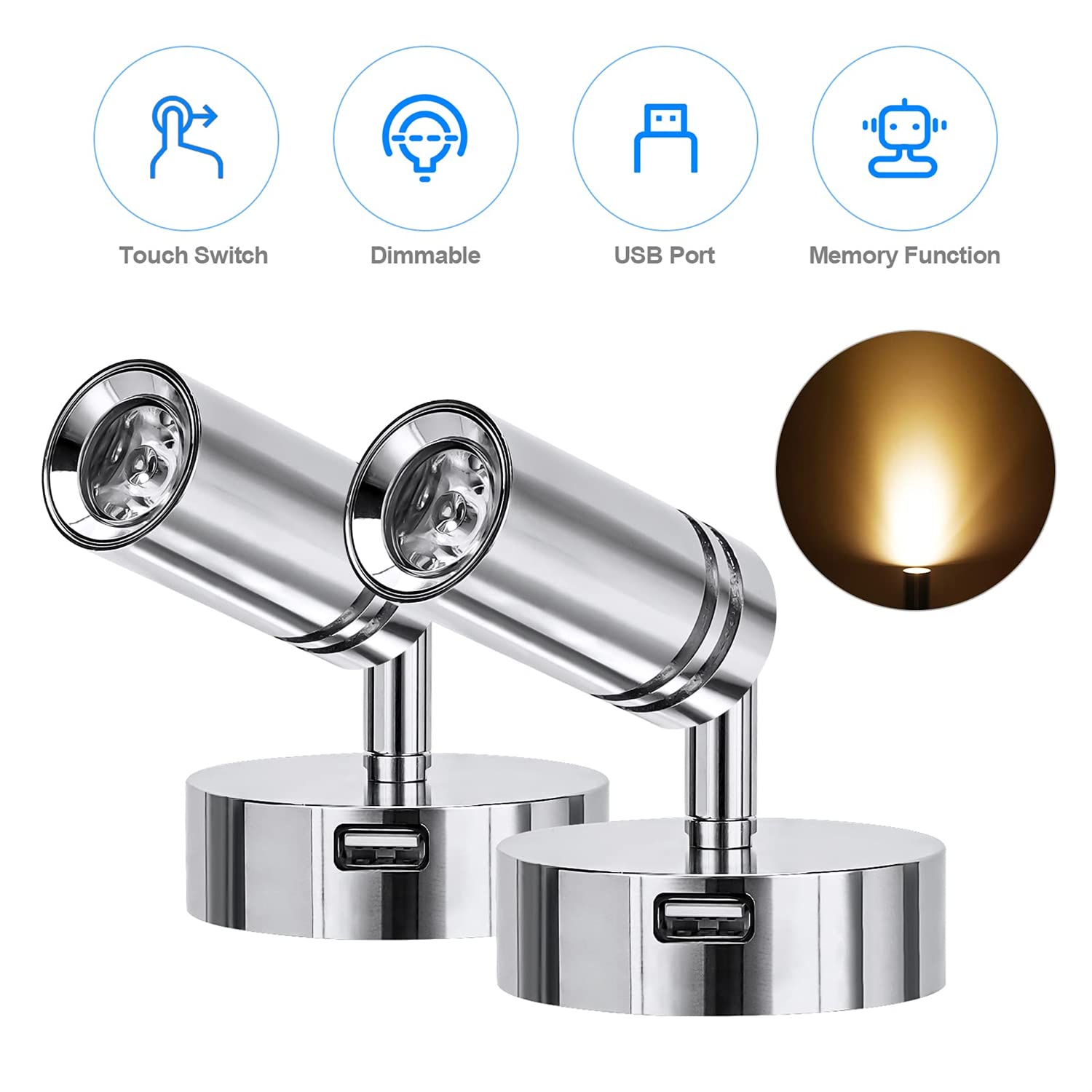 LEOSHI Luces LED de 3W, luz de Lectura con USB, Foco para Caravana, iluminación para Autocaravana, Autocaravana, RV, con Interruptor táctil Regulable Made in China