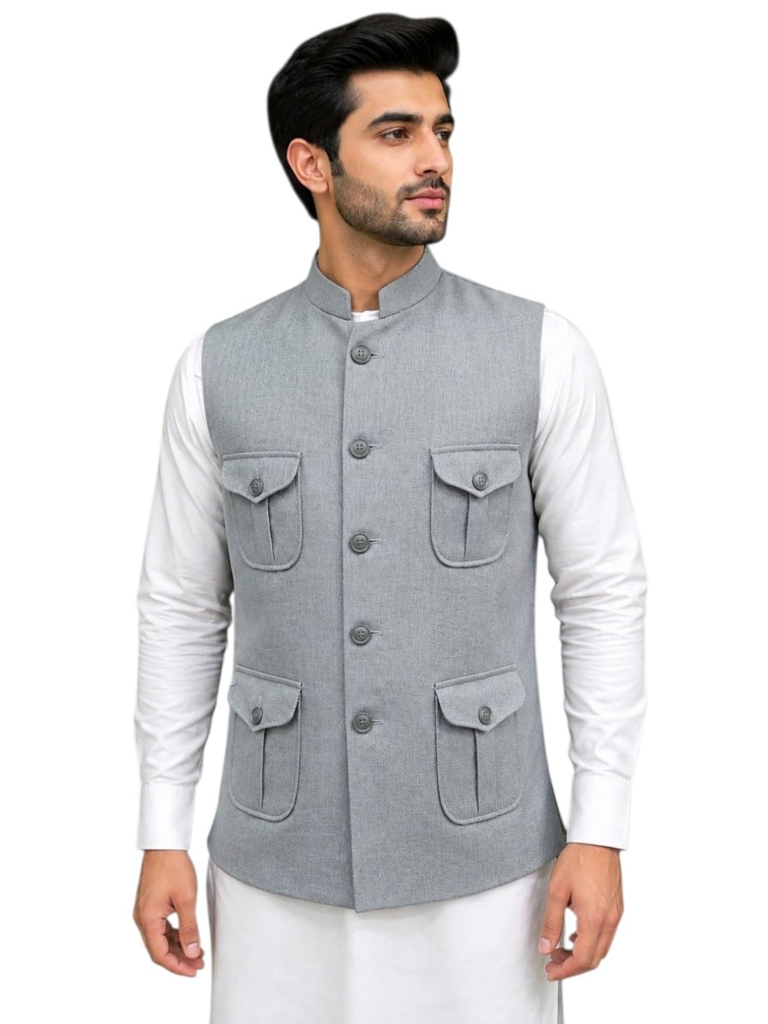 Men's Nehru Jacket Waistcoat, Sleeveless, Four Pocket Design, Mandarin Collar, Button Front-picture-17