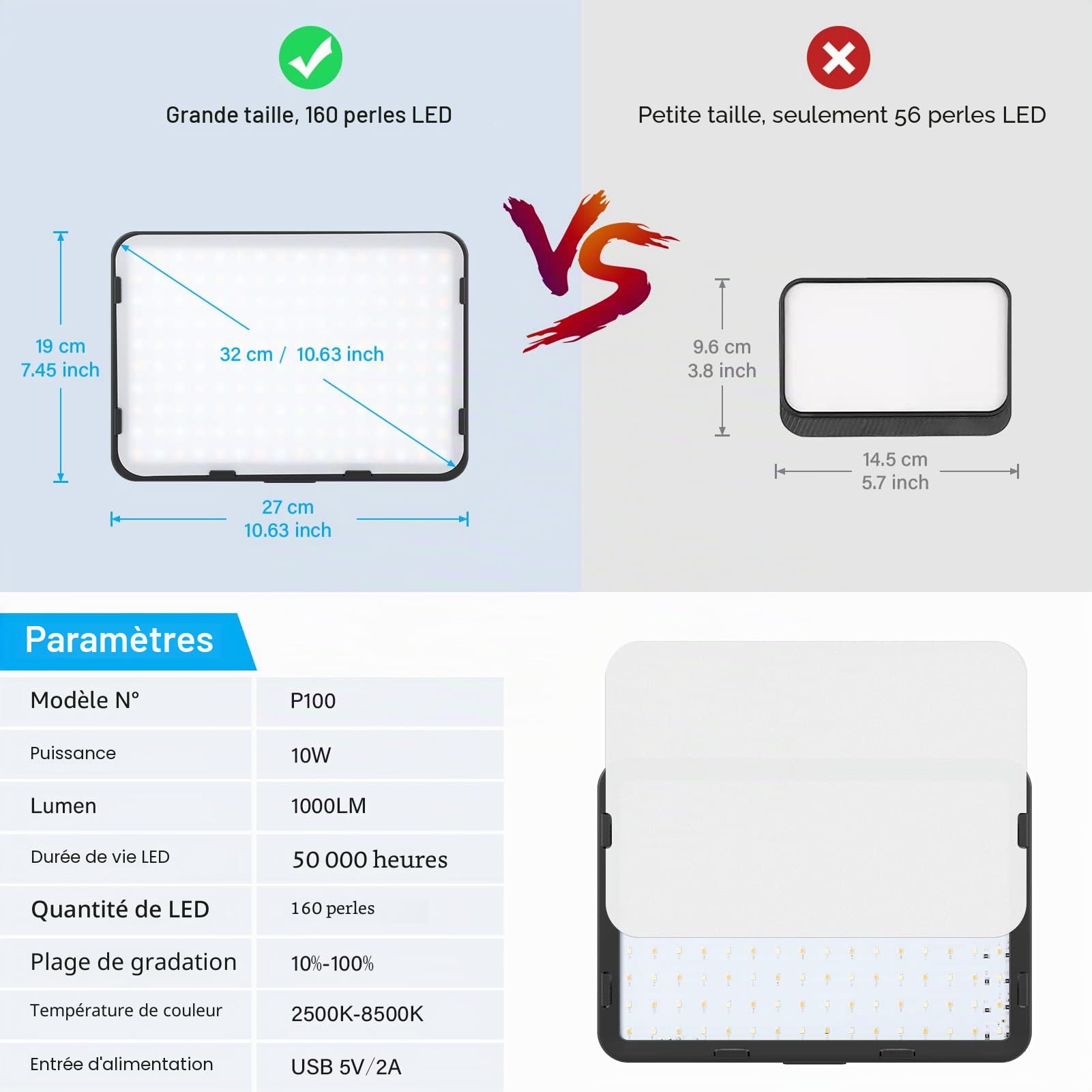 Obeamiu Lot de 2 lampes vidéo LED avec trépied de 160cm, éclairage de studio de photographie à intensité variable 2500-8500K pour l'enregistrement de portrait de collection/diffusion de jeux en direct