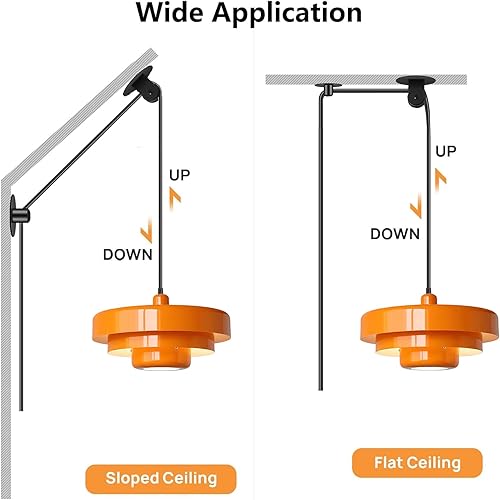 Miniatura 4 de Lámpara colgante enchufable, luces colgantes naranjas de mediados de siglo con cable enchufable, pantalla de metal de 3 capas, polea ajustable,
