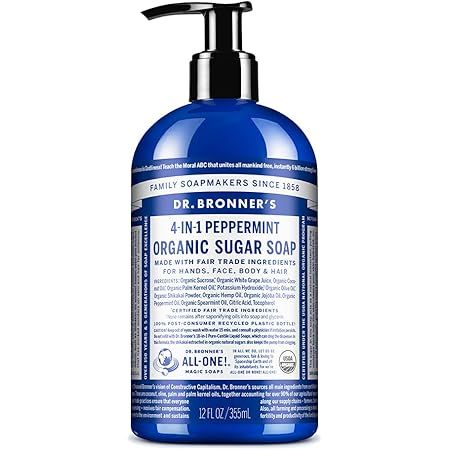 Dr. Bronner’s - Organic Sugar Soap (Peppermint, 12 oz) - Made with Organic Oils, Sugar & Shikakai Powder, 4-in-1 Uses: Hands, Body, Face & Hair, Cleanses, Moisturizes & Nourishes, Vegan, Non-GMO