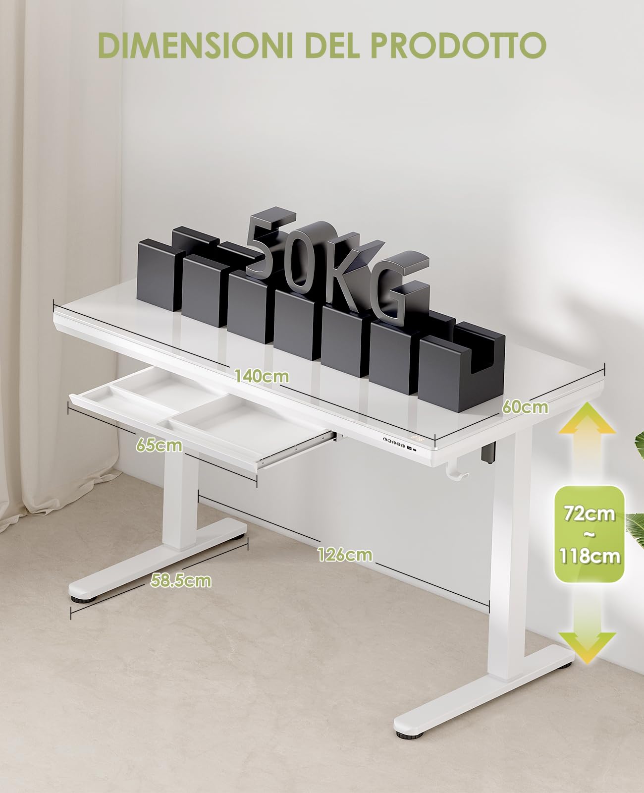 OffiGo Scrivania Regolabile in Altezza Elettrica, 140 x 60 cm, Top in Cristallo Monoblocco, Scrivania in Vetro con Cassetto e Porte USB e Type-C, Scrivania da Sede/Standing, per Casa e Ufficio, Bianco