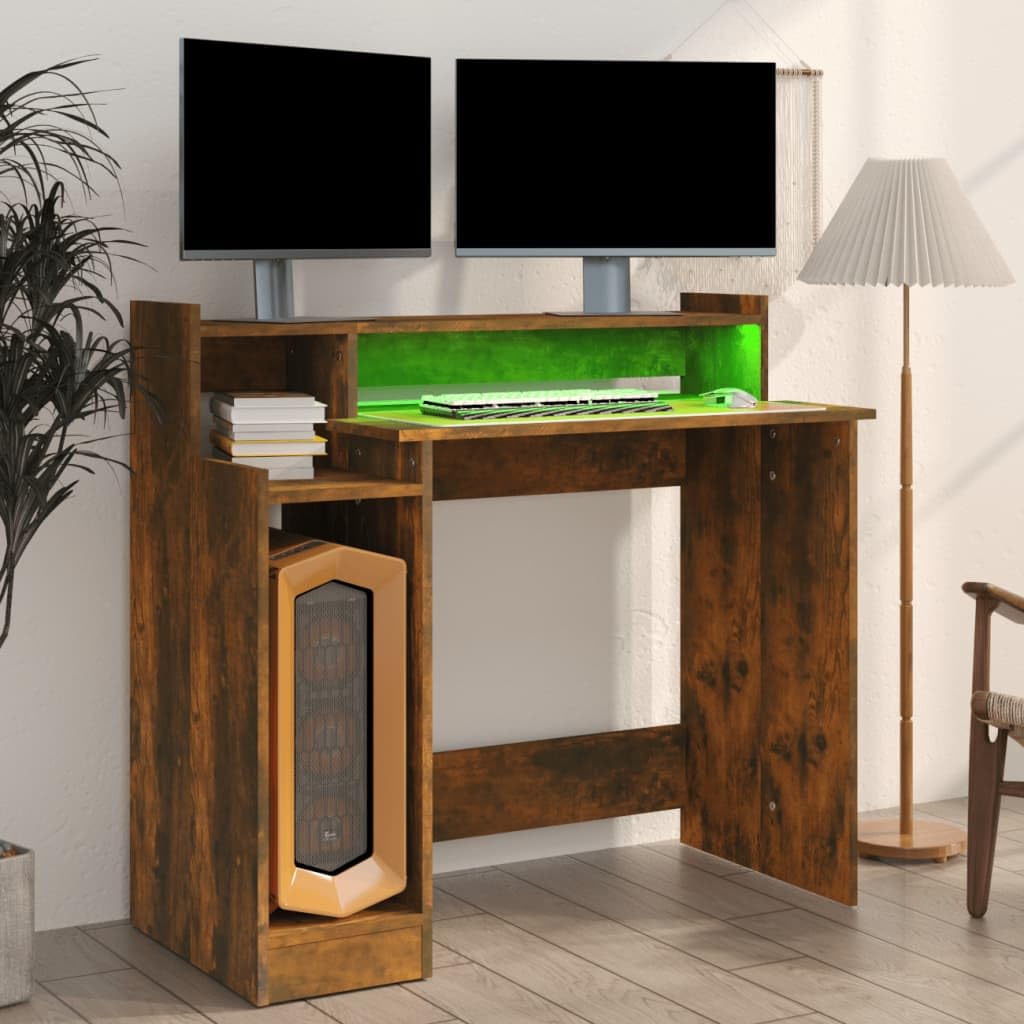 Scrivania Computer Scrivania Gaming Tavolo Consolle Scrivania Pc Scrivania con Luci LED Rovere Fumo 97x45x90 cm in Multistrato per Camera Da Letto Soggiorno Sala Studio Studio