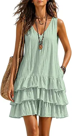 Women's Linen V-Neck Sleeveless Mini Dress - Casual Flowy Tiered Ruffle Summer Beach Dress