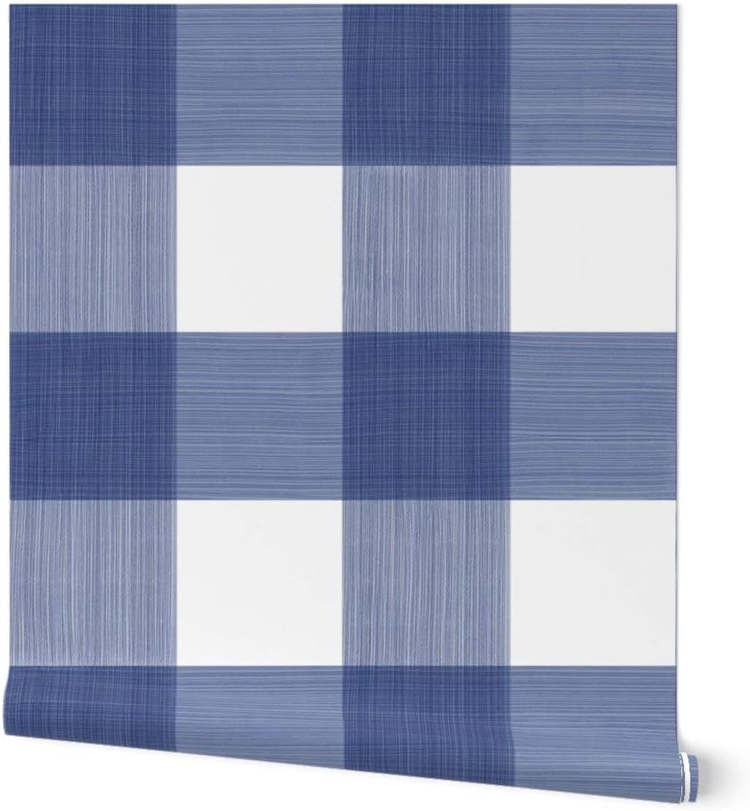 Peel & Stick Wallpaper 3ft x 2ft - Navy Buffalo Plaid Check Gingham Blue White Painted Large Custom Removable Wallpaper by Spoonflower