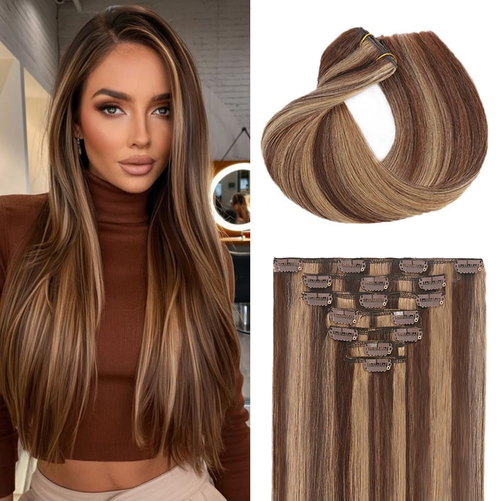 Clip in Hair Extensions Real Human Hair, #4P27 Highlight Seamless Invisible Human Hair Clip in Extensions, 20 Inch 7Pcs 105g Ombre Human Hair Extensions, Double Weft Brazilian Remy Human Hair