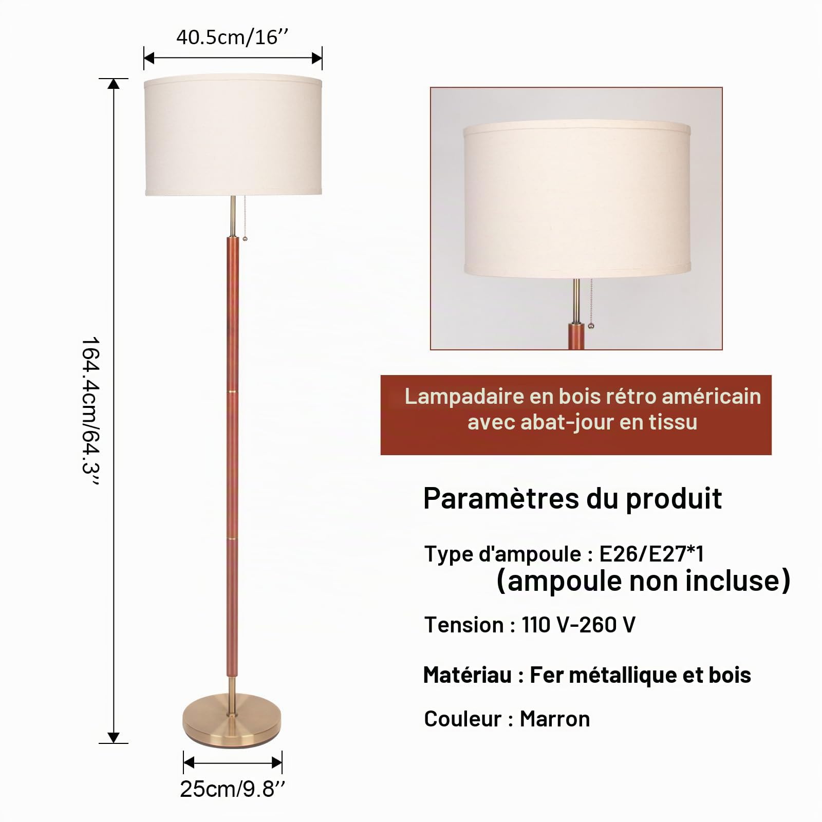 HonoDing Lampadaires Moderne du Milieu du Siècle, Finition Bois Noyer, Abat-jour tambour, Décoration de Salon, Lampadaire pour salon/bureau/chambre à coucher (64in, E27 LED)