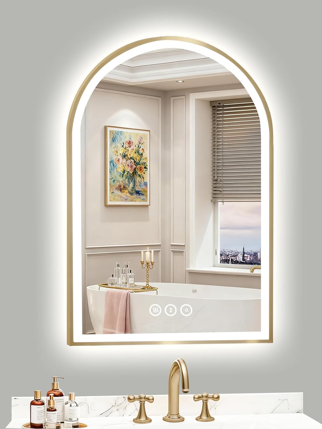 20x30 Inch Arch LED Bathroom Mirror, Gold Lighted Bathroom Mirrors Wall Mounted, Vanity Mirror with Anti-Fog, Memory Function, 3 Color Temperature, Dimmable Led Mirror for Bathroom Gold-arched-no Bluetooth 30"L x 20"W