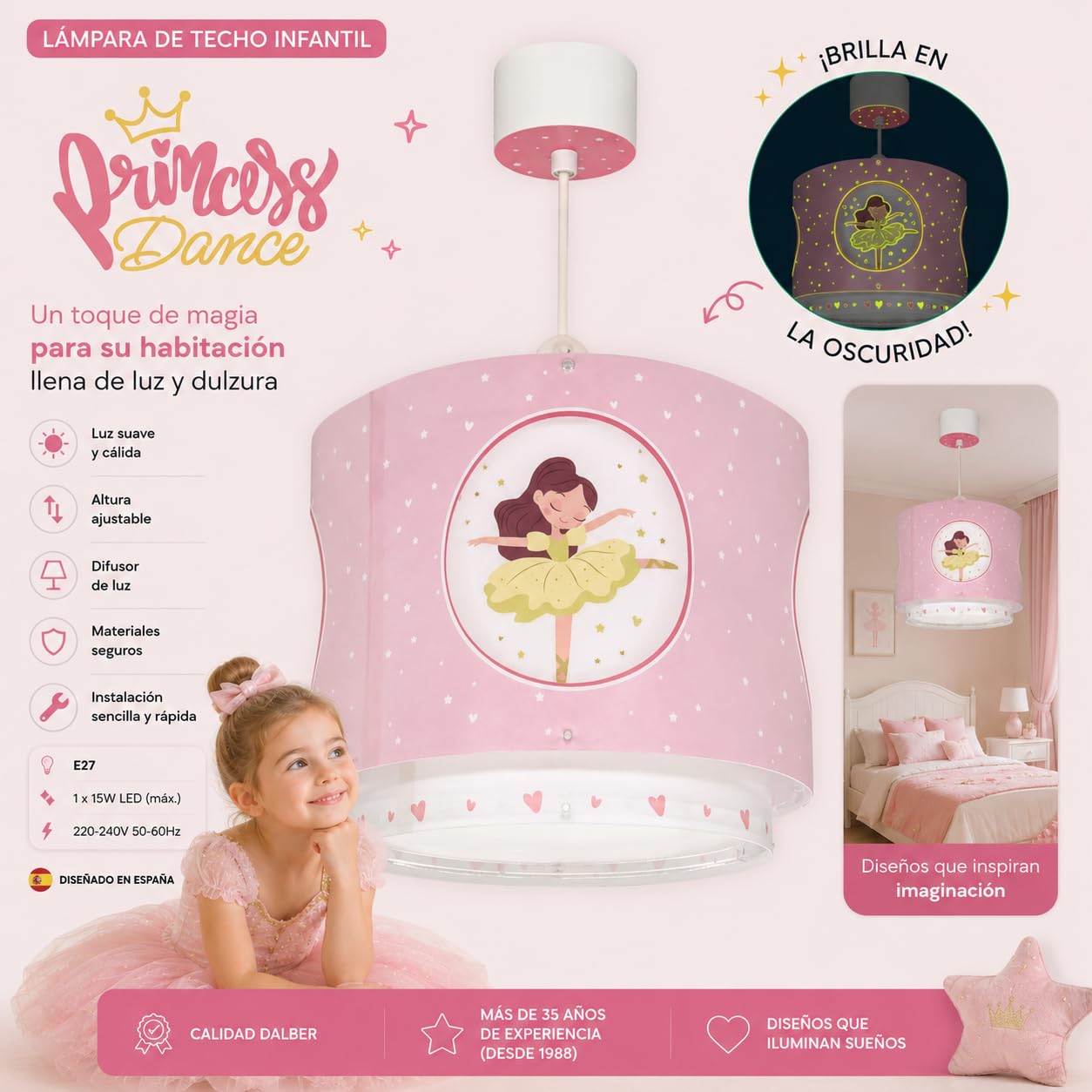 Dalber Lámpara Techo Colgante Infantil Bailarinas Rosa 60912M E27 | Incluye difusor de luz inferior extraible; Habitación niña; Princess Dance