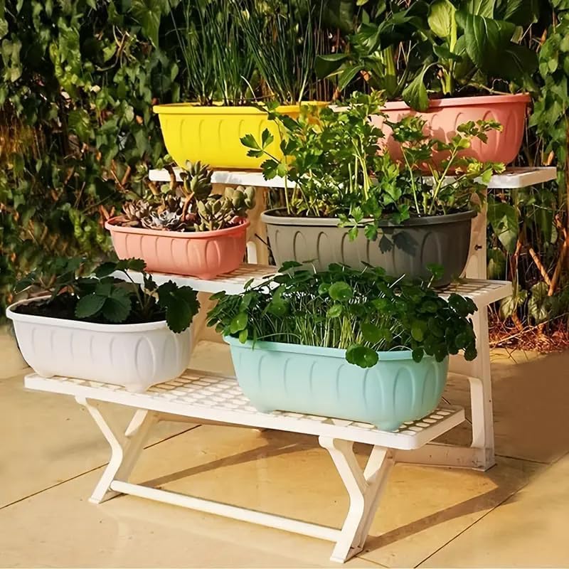 Image of Plastic Rectangle Round Corner Flower Pots with Drainage Hole Saucers Durable Outdoor Indoor Planters with Tray Plant Containers for Balcony, Garden, Home & Office (Set of 5 Multi)