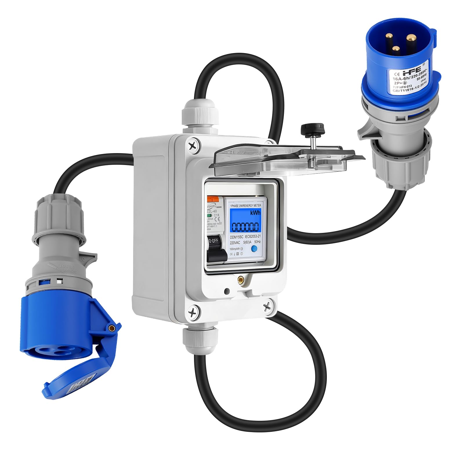 Medidor de Electricidad móvil Digital de 60A 230V con Enchufe CEE Schuko de 3 Clavijas, Medidor de Consumo de Energía Digital Resistente al Agua IP67, medidor de Corriente Digital móvil