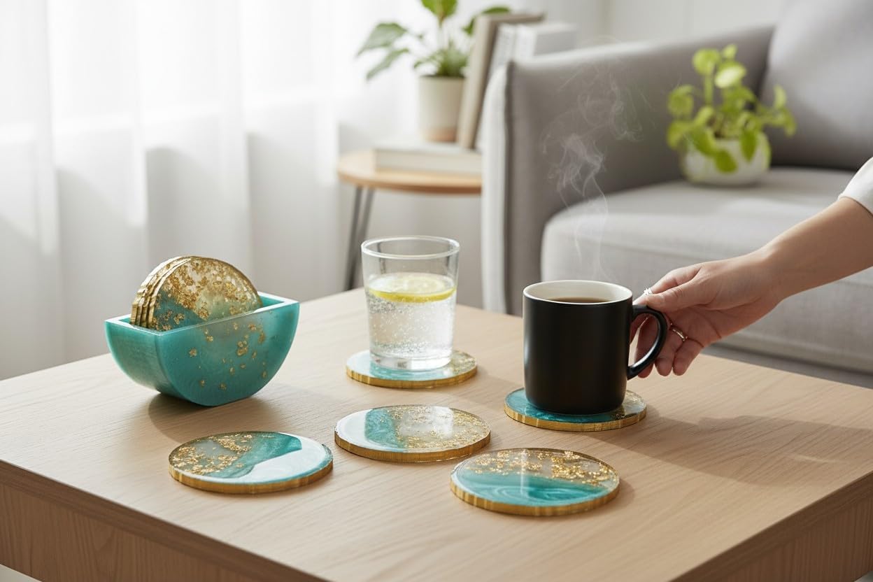 Wonderlist Handicrafts Resin Coasters for Living Room Decorative Coasters for Dining Table for Bar Tea Home Décor Drink Holder (Emerald)