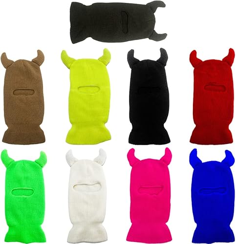 Miniatura 2 de Máscara de esquí de 1 agujero con cuerno, pasamontañas de punto para Halloween, máscara facial completa, sombrero térmico de invierno para esquí
