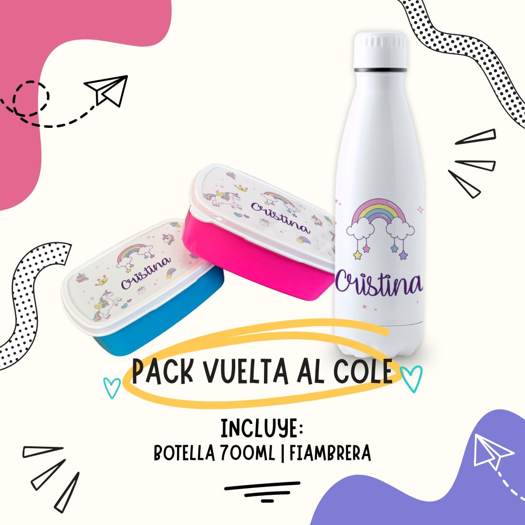 Pack vuelta al cole diseño unicornios botella personalizada + fiambrera personalizada con texto para el colegio o guardería. Libre BPA y reutilizable | Bebidas frías y calientes hasta 12h