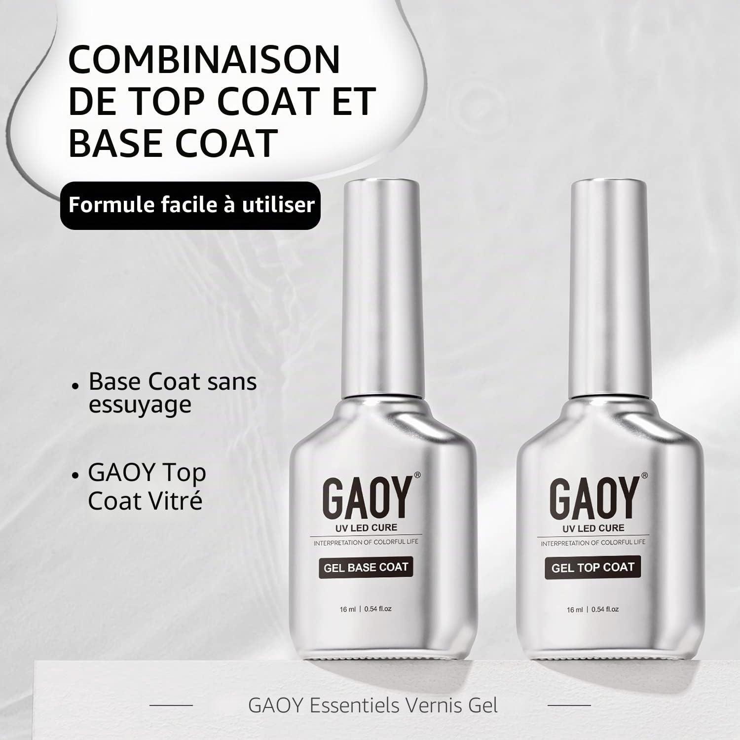 GAOY Lot de 2 couches de couche de finition et de base en gel verre, 16 ml, combinaison de fond de teint sans essuyage pour vernis à ongles UV Light Cure