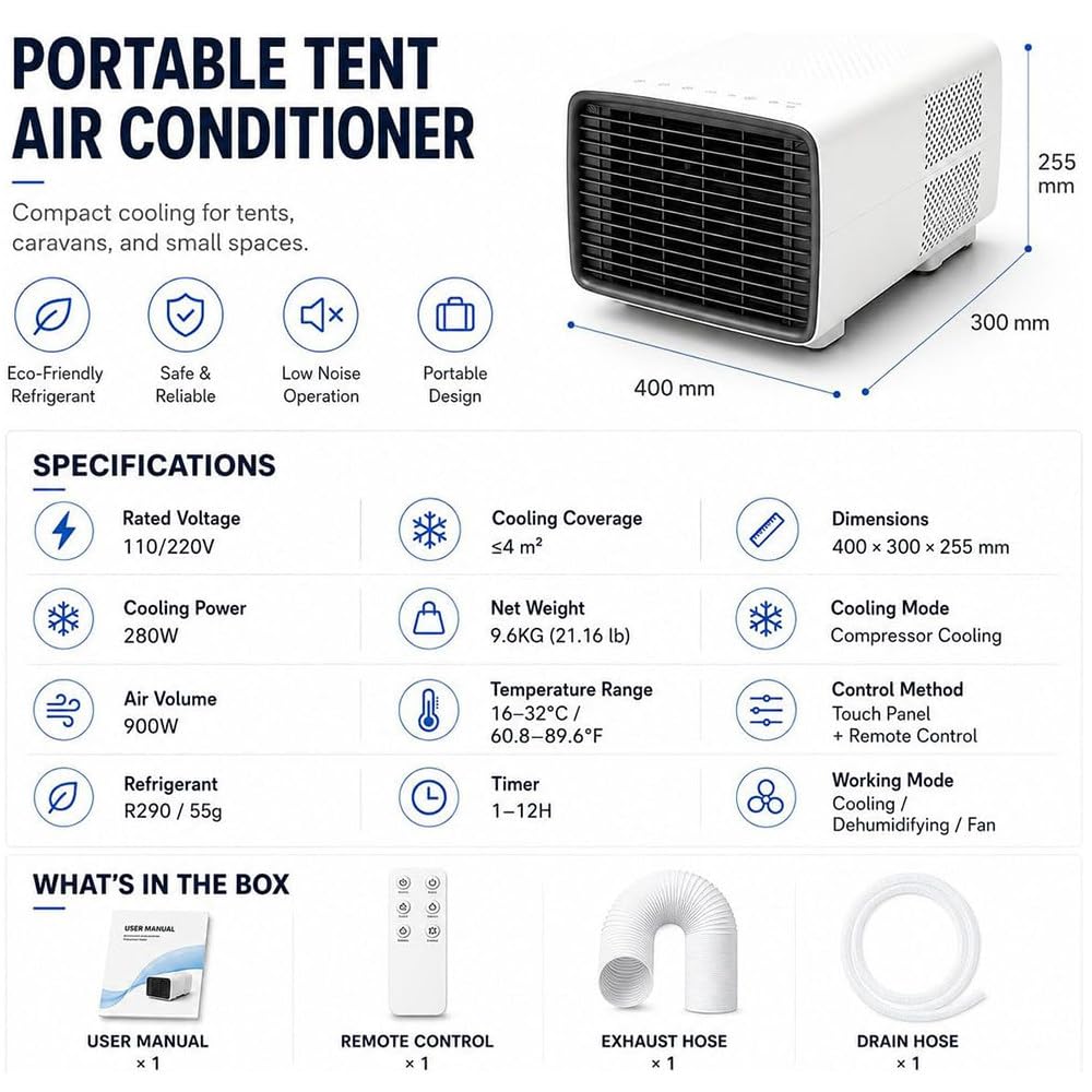 Condizionatore Portatile da Viaggio 3000BTU Timer 12H | 3-in-1 Freddo/Ventola/Deumidifica,Silenzioso 45dB,Timer 12H & Telecomando,Materiale ABS Antiurto,per Camper Van Dormitorio