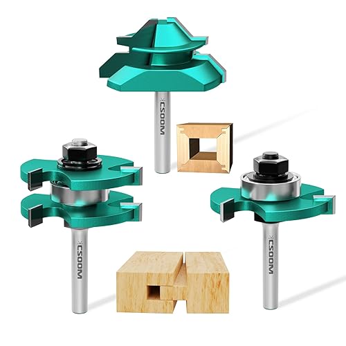 CSOOM 3 brocas de enrutador de inglete de 45 grados y puntas de enrutador de lengüeta y ranurado, todo con vástago de 14, ideal para MDF, madera