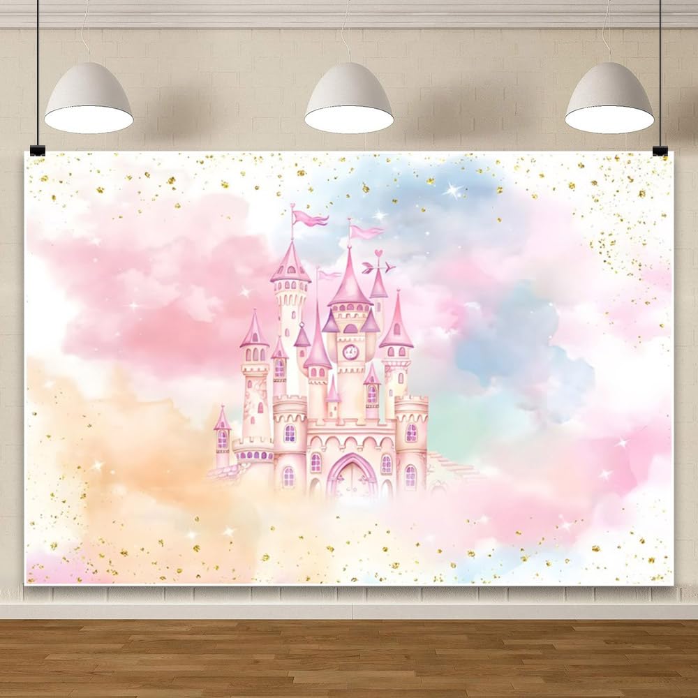 Avezano Toile De Fond Arc-en-Ciel Pastel Nuage Princesse Château Rose 2,1x1,5m - Fête Anniversaire