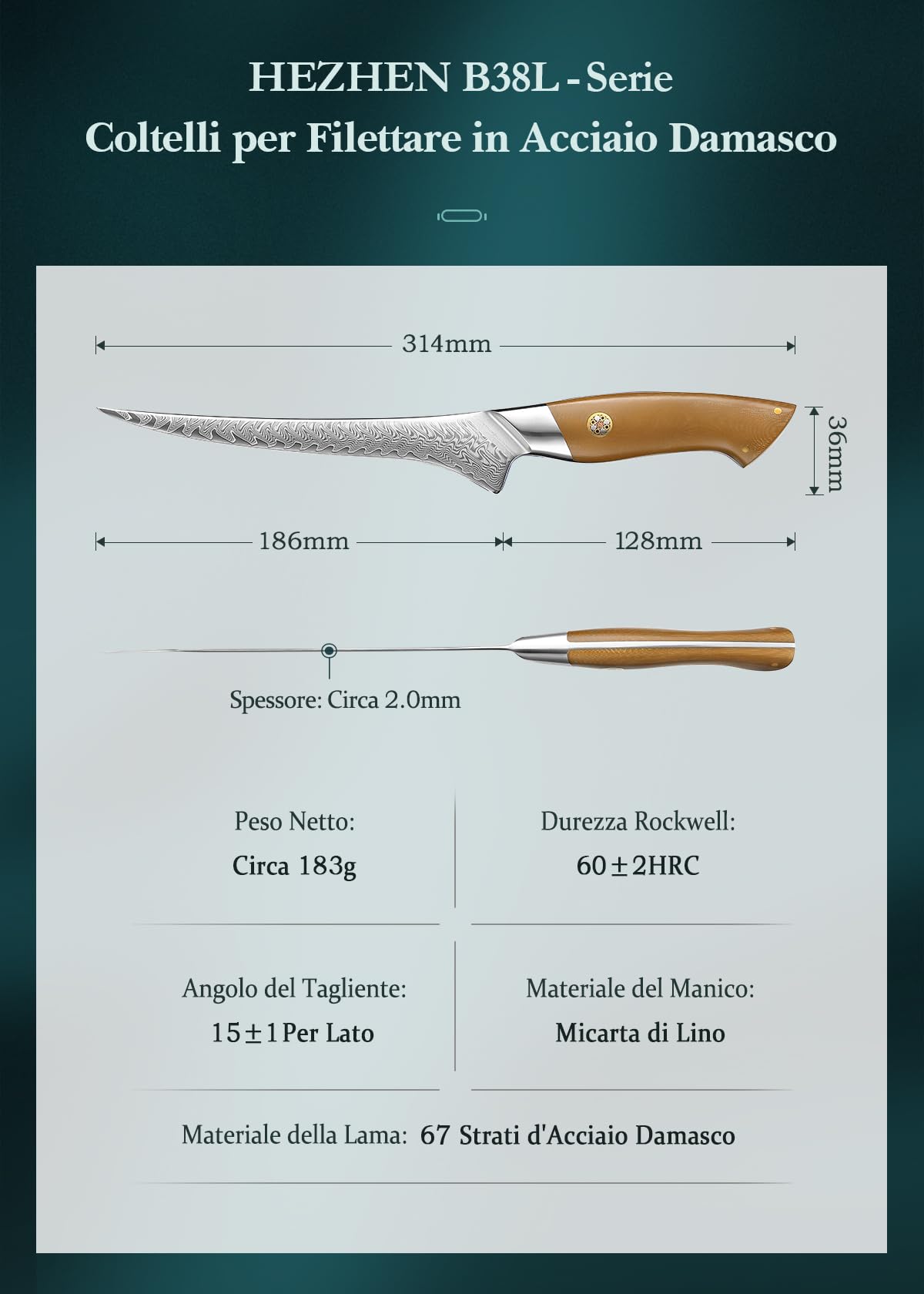 HEZHEN Damasco Coltello per Sfilettare, Profesional Pesce Filetto Coltelli da Disosso Filettare, Confortevole Full Tang Manico