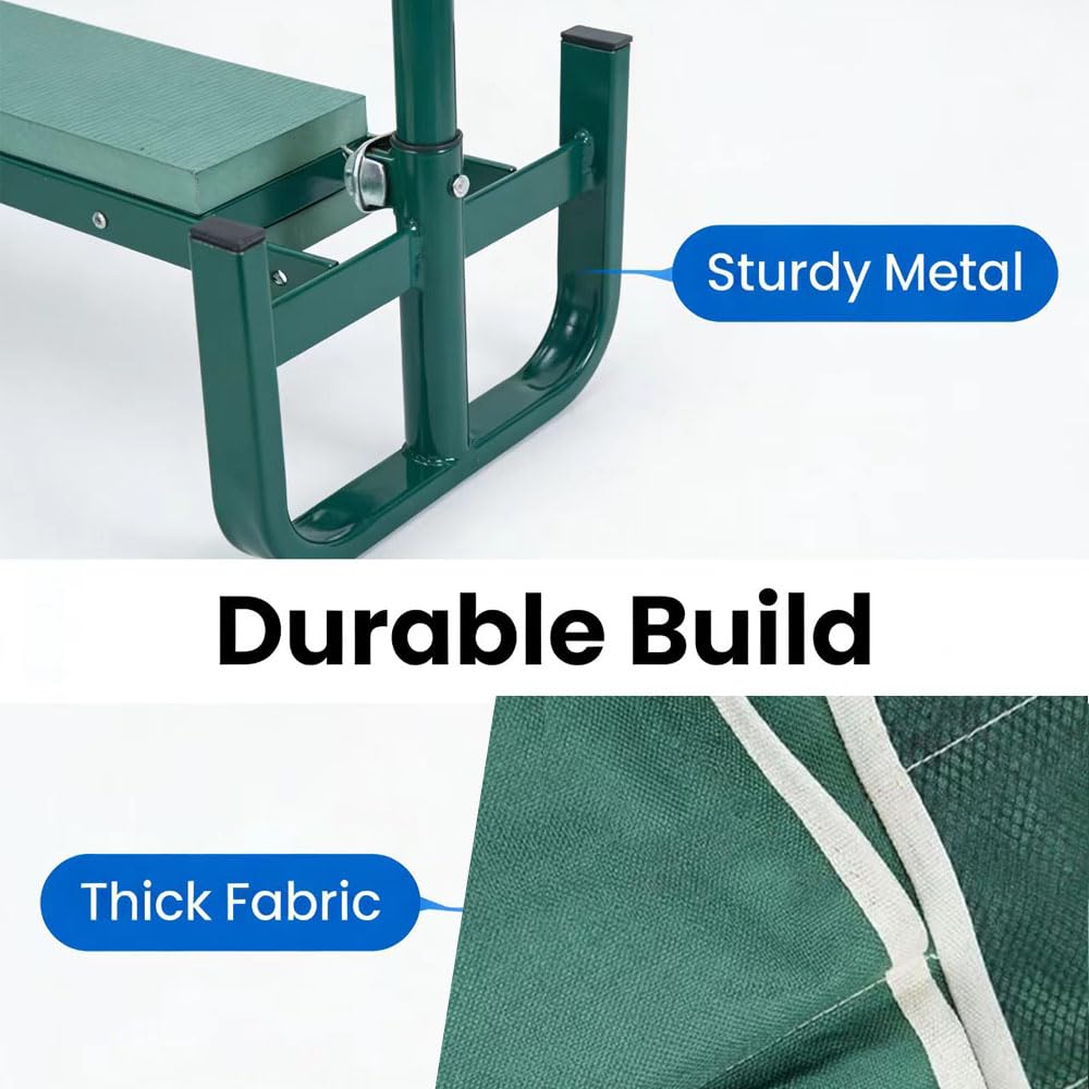 Banc de Jardinage Pliable 2 en 1, 60x52x27cm Tabouret Agenouilloir de Jardin, Tabourets de Jardinage, Repose Genoux Jardin, avec Pochette de Rangement avec Coussin Doux en EVA (Vert)