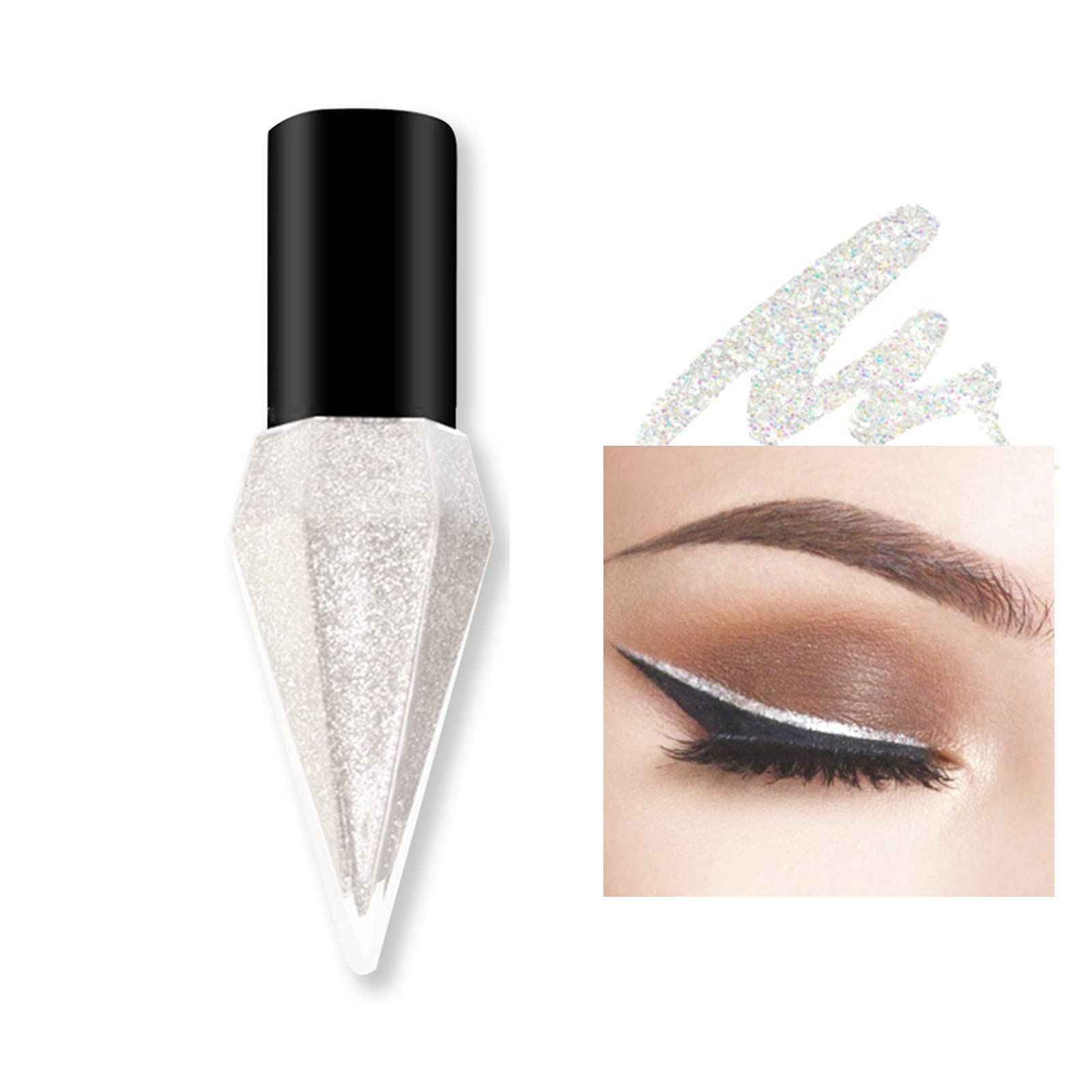 Liquid Glitter Eyeliner, Metallic Shimmer White Diamond Eye Liner Stick, Waterproof Long Lasting Quick Drying High Pigmented Sparkle Eyeshadow, Glitter Eyeliner for Eye Makeup