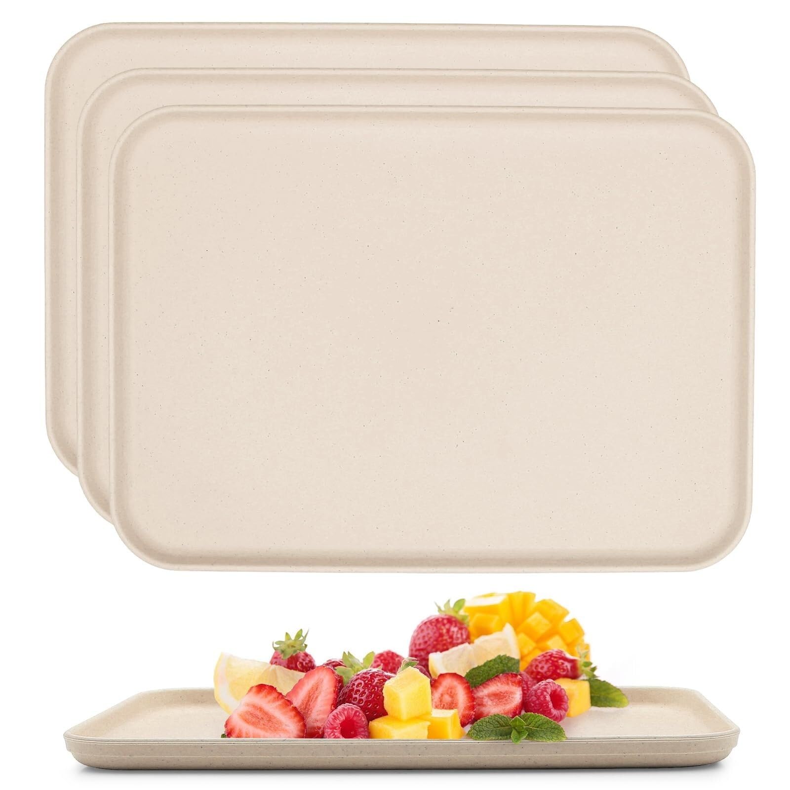 4 Pack Rectangular Plastic Trays for Kitchen, Drinks, Snacks, Tea, Coffee, Breakfast, Lightweight and Durable (Beige)