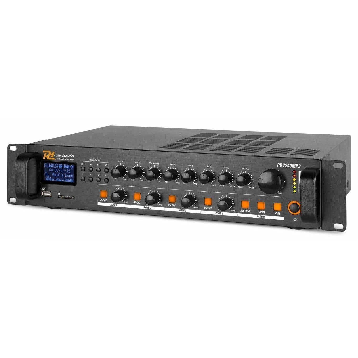 Power Dynamics PDV240 - Amplificador Mezclador 4 Zonas 240W con Reproductor USB SD Radio FM Bluetooth Mic 3X entradas Alarma Fuego 100V 8 Ohm Rack 19” Ecualizador Emergencia